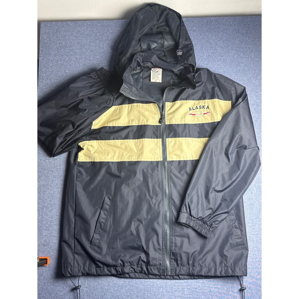 Vintage Dimco Apparel Alaska Windbreaker Jacket Navy Blue Tan Full Zip Hooded L